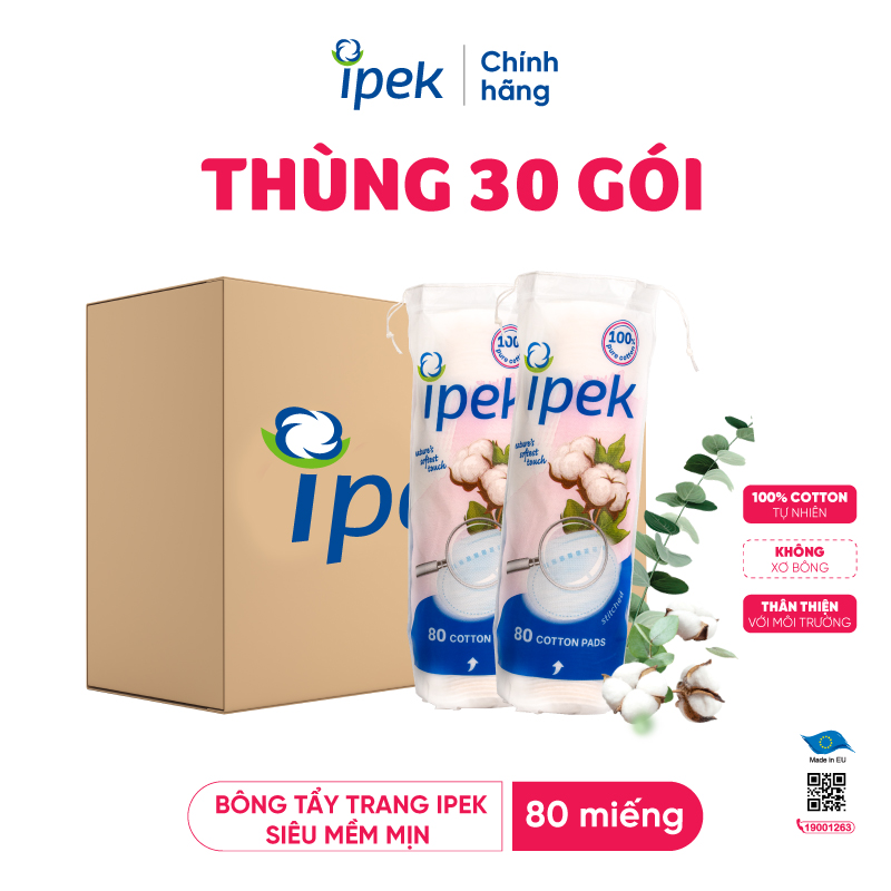 Thùng 30 gói bông tẩy trang Ipek siêu mềm mịn 80 miếng