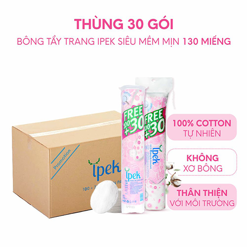 Thùng 30 gói bông tẩy trang Ipek siêu mềm mịn 130 miếng