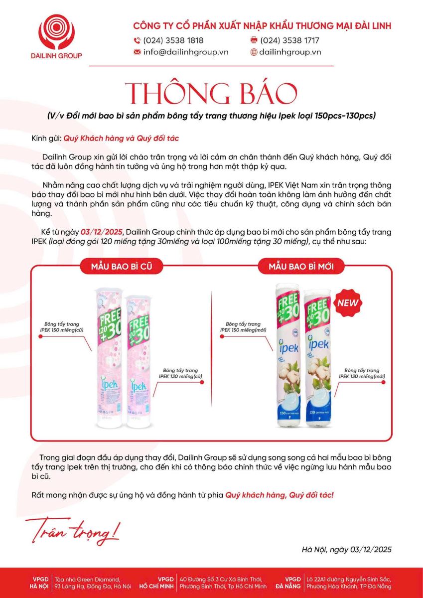 Thông báo chính thức từ Đài Linh Group về thay đổi bao bì Ipek 